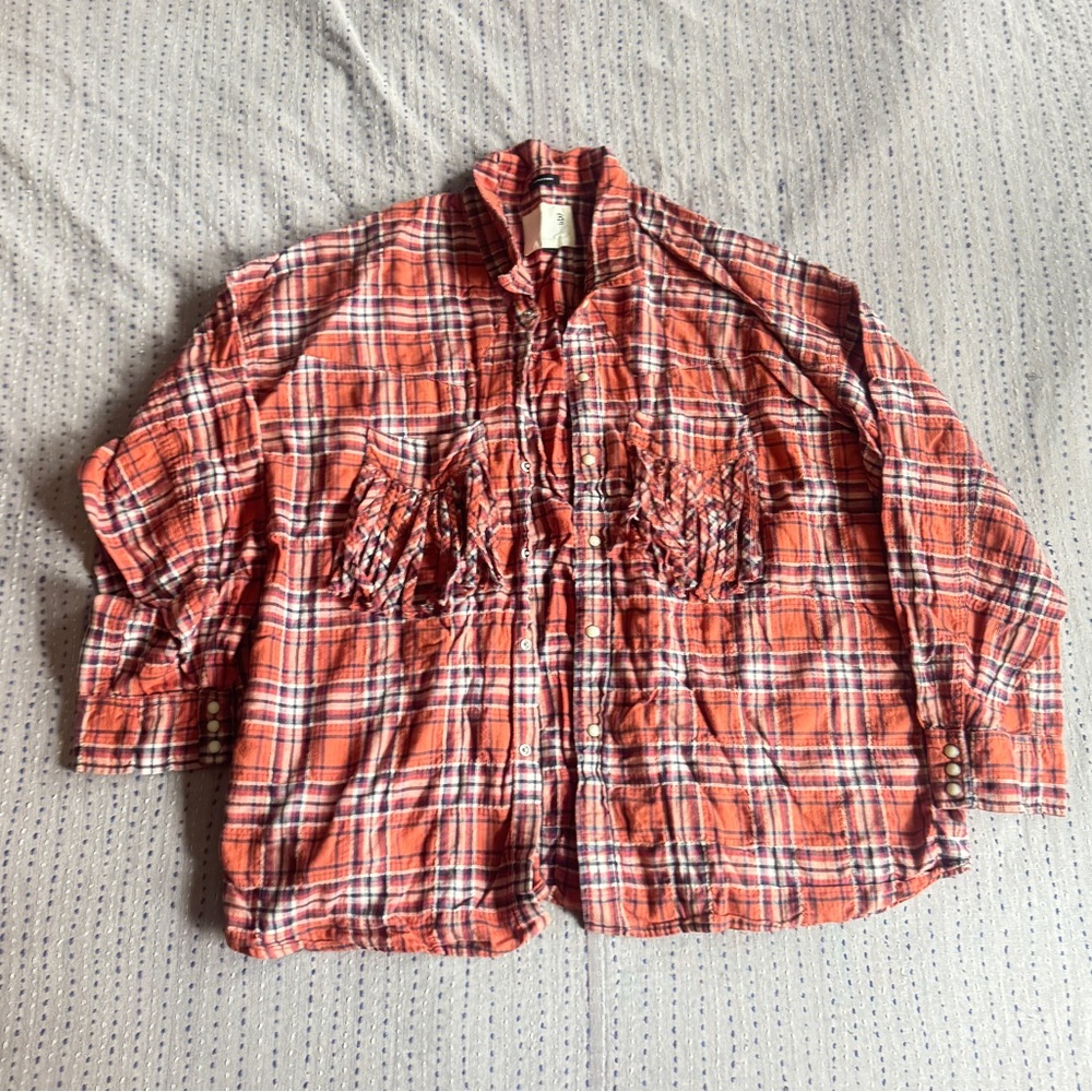 R13 Kids Plaid Button Down Shirt - Orange and White